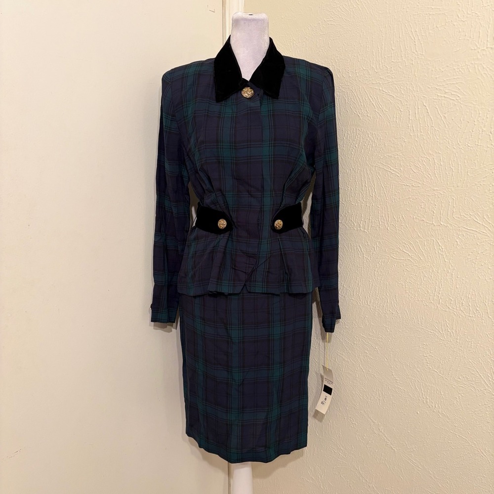 NWT Vintage 80s Green Blue Plaid Skirt Suit Black Velvet Trim Belted Chic Sz 6